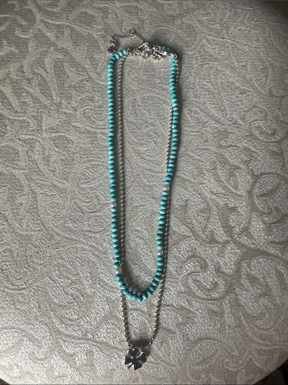 Turquoise Beaded Double-Layer Women’s Necklace with Clover Pendant